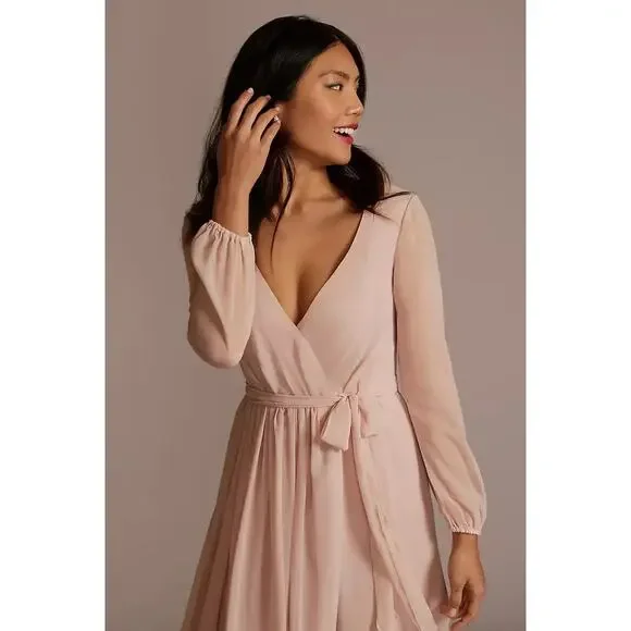 Celebrate DB Studio Teal Chiffon Long Sleeve V-Neck Dress SZ 14 Bridesmaid Gown - Picture 2 of 13